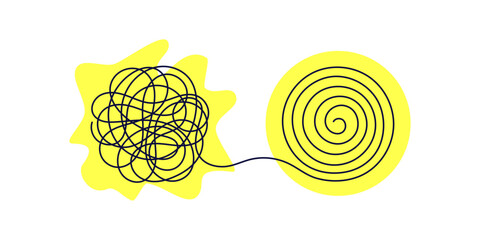 Tangled mess evolving, spiral path. Line concept