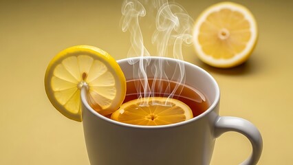 Steaming cup of herbal tea with lemon slices on yellow background