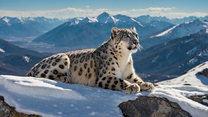 Obraz premium Snow leopard resting on a rocky outcrop in a snowy mountain landscape with distant peaks under blue sky