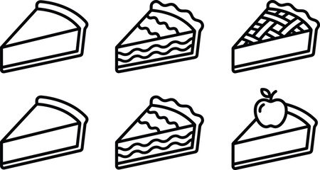 Pie slice icon set, black-and-white line illustrations, lattice, wavy, plain, apple topping styles, dessert theme, vector graphics