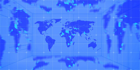 Obraz premium World map background overlayed with digital tech grids.