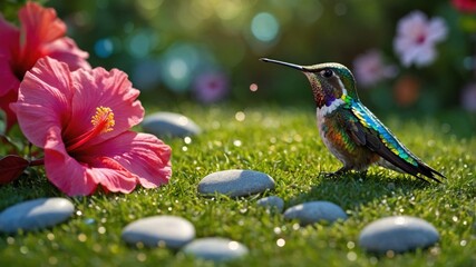 Obraz premium Vibrant hummingbird perched on grass surrounded by colorful flowers and pebbles in a serene garden