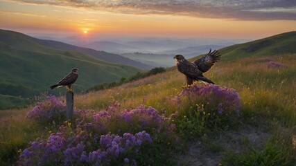 Majestic Hawks Perched Vibrant Meadow
