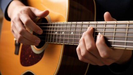 Obraz premium Close-up of hands playing an acoustic guitar with a shallow depth of field