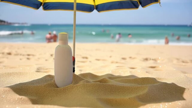 Unbranded bottle placed in sand under beach parasol shade