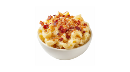 Creamy macaroni and cheese topped with crispy bacon bits and toasted breadcrumbs
