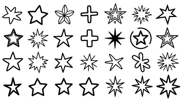 Collection of Hand-Drawn Star and Plus Icons for Decorative and Design Use