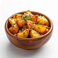 Golden potato wedges with herbs in wooden bowl