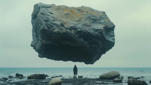 Surreal coastal scene of a solitary person standing beneath a massive floating boulder over the sea symbolizing depression emotional burden anxiety and isolation