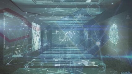 Animation of network of connections over data processing on digital screens - Powered by Adobe