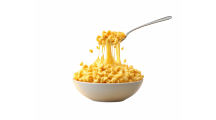 A delectable bowl of creamy macaroni and cheese being scooped with a spoon, showing irresistible cheesy pull