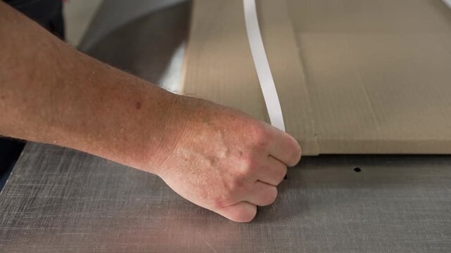 Industrial worker operating a semi-automatic strapping machine to secure a cardboard package with plastic bands in a factory warehouse