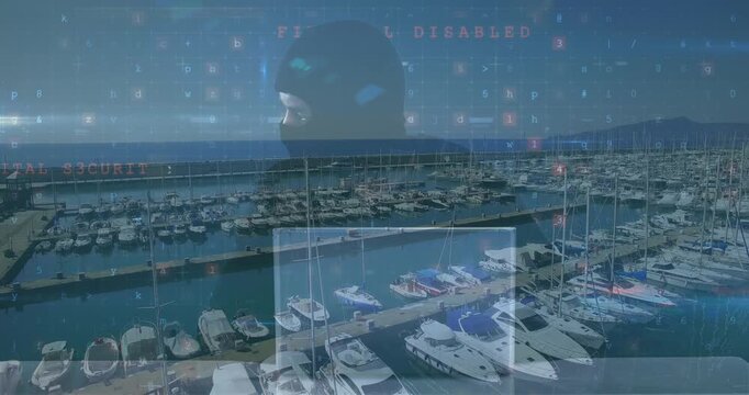 Animation of cyberattack warning with male hacker using laptop over port