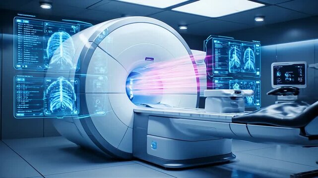 Advanced magnetic resonance imaging machine displaying futuristic holographic scans in a clinical high-tech diagnostic environment