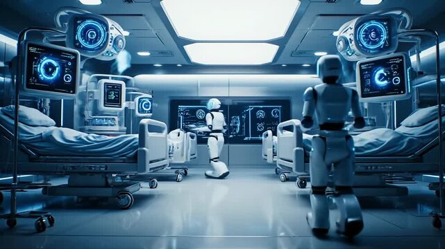 Advanced medical humanoid robot monitors patient care within a futuristic, high-tech sterile operating room environment