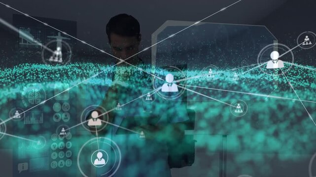 Animation of network of connections with icons over caucasian male doctor with stethoscope