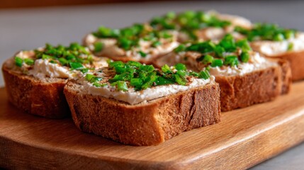 Fresh bread topped with cream cheese and chopped herbs on a wooden board