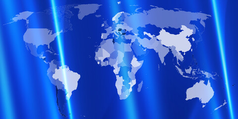 World map background overlayed with digital tech grids.