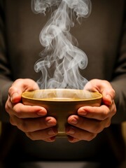 Warm hands holding steaming bowl of broth,comfort food experience