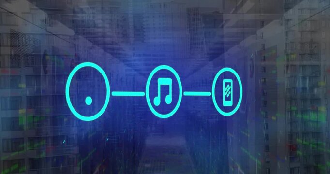 Animation of blue network, music, mobile phone icons on digital interface against buildings