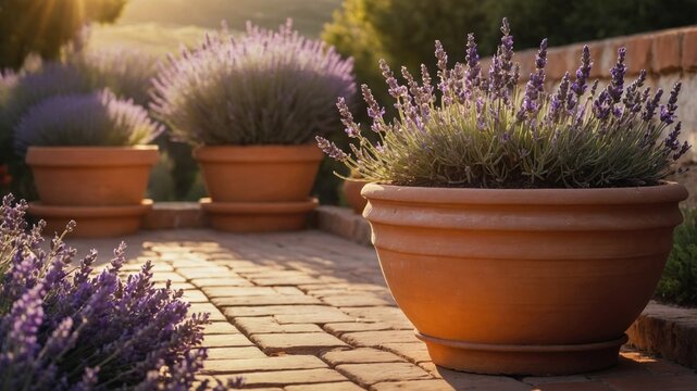 Serene lavender plants in terracotta pots lining a sunlit pathway, creating a tranquil garden scene
