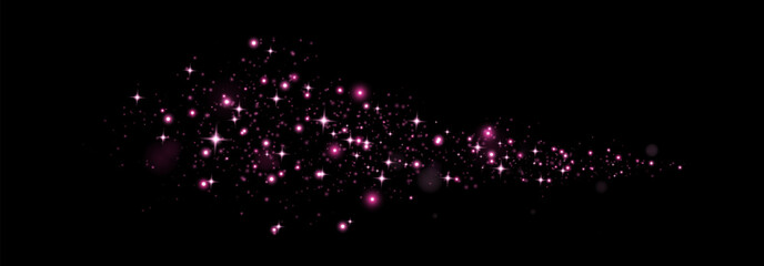Pink glittering dots, particles, stars magic sparks. Glow flare light effect. Pink luminous points. Vector particles on black background. 