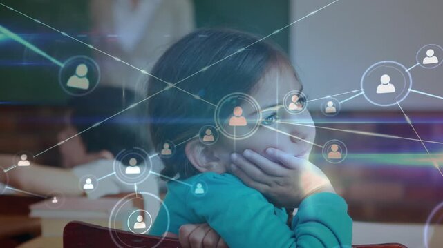 Animation of network of profile icons over thoughtful caucasian girl sitting in the class at school