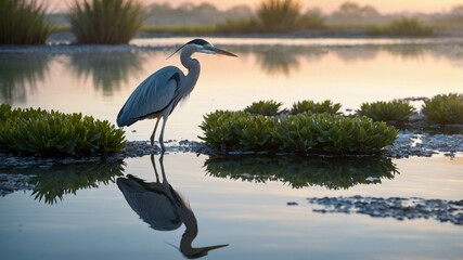Serene heron standing by calm waters at dawn, surrounded by lush greenery and soft morning light