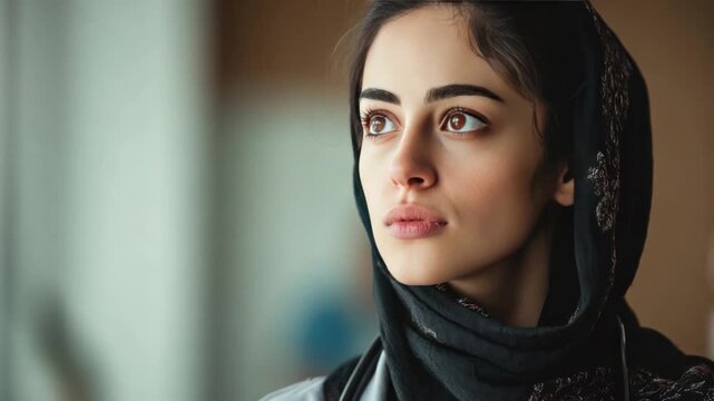 Thoughtful Gaze: A captivating woman wrapped in a headscarf, looking up with a gentle, contemplative expression, framed with an intriguing atmosphere.
