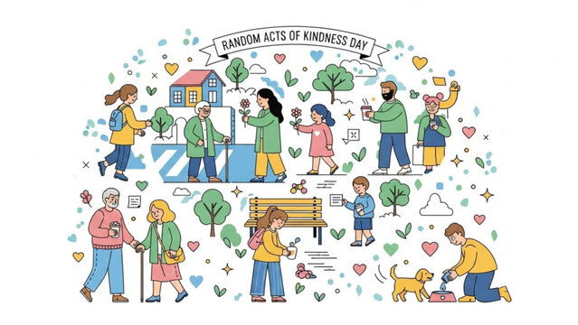 Diverse people performing random acts of kindness illustration for Random Acts of Kindness Day concept community support and connection