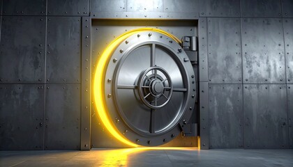 Partially open vault door revealing bright yellow interior in secure industrial setting.