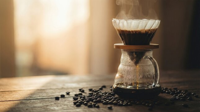 Pour over coffee brewing in a glass carafe on a wooden table with roasted beans. Fresh hot drip coffee preparation. - Powered by Adobe