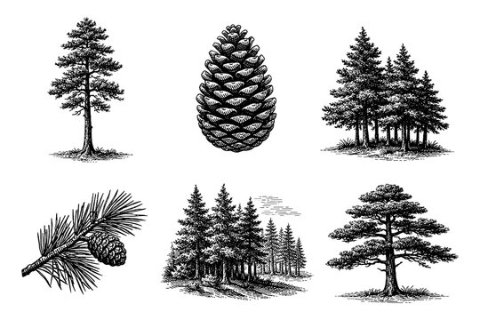 Hand drawn pine trees and cones collection with detailed forest elements