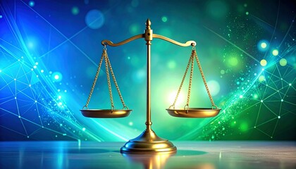 Golden justice scale on reflective surface with abstract blue-green tech background.
