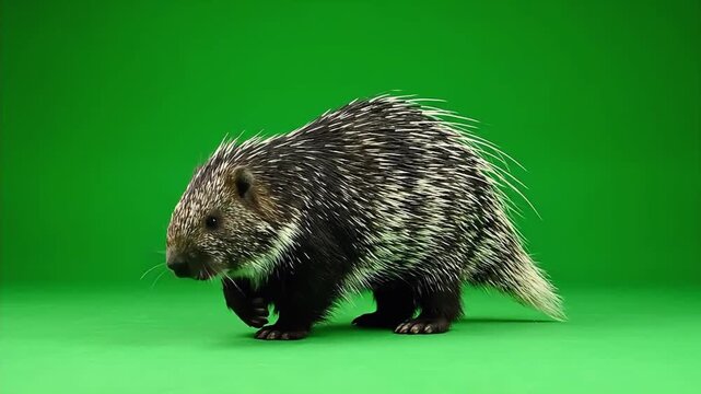 North American Porcupine Walking Slowly on a Green Screen Background for Chroma Keying.
