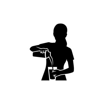 Black silhouette of female bartender pouring drink. Vector illustration of woman serving alcohol. Isolated icon for bar menu or logo design