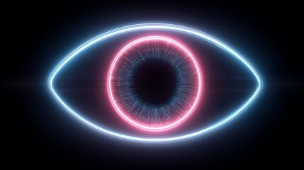 A minimalist neon eye glowing against a black background. Features a bright blue outer outline and a vibrant pink iris ring surrounding a dark pupil.