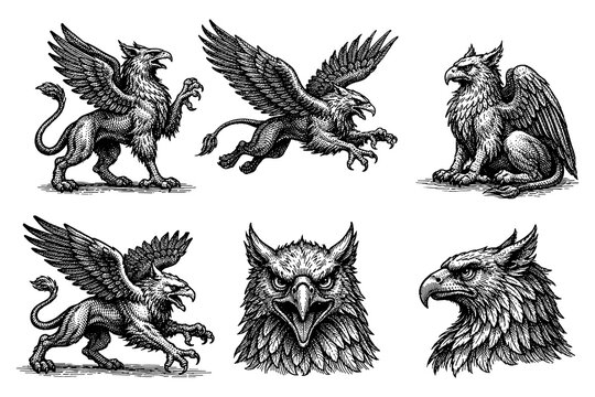 Mythical creatures set: detailed gryphon designs in black and white
