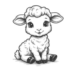 Obraz premium Funny sheep with big eyes is sitting, black and white sketch. Vector illustration. Cute pet, isolated on a white background64