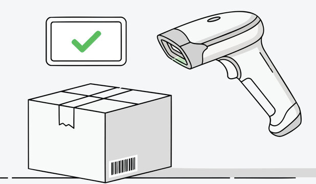 Barcode scanner reads package with green checkmark on screen for delivery confirmation
