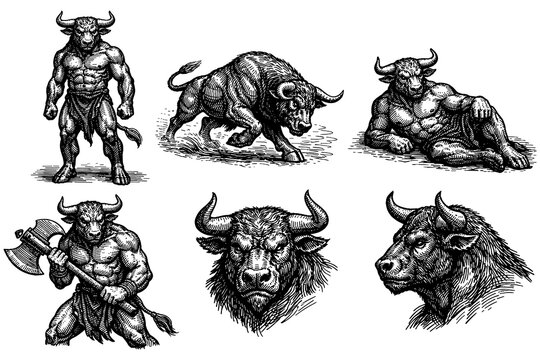 Detailed hand-drawn minotaur and bull illustrations in classic engraving style