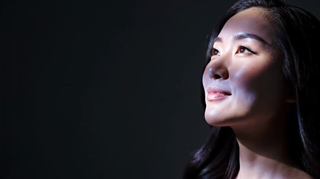 Asian woman with closed and open eyes experiencing sunlight on her face in different angles representing happy beauty concept