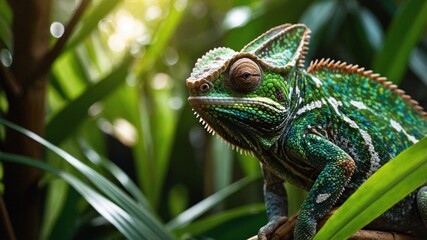 Obraz premium Colorful chameleon resting on vibrant green leaves in a lush tropical environment during daylight