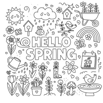 Spring flower nature sun bird garden butterfly hello cloud vector childhood, childhood joy in coloring, childhood dreams under sun, childhood creativity with cute doodles.
