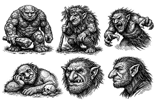 Vintage fantasy trolls collection: intricate black and white sketches of mythical creatures