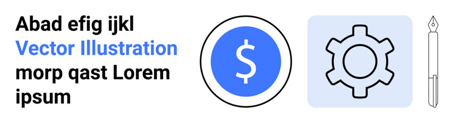 Obraz premium Blue currency icon, gray gear symbol, and minimalist pen representing finance, business, planning, operations, entrepreneurship, online content creation and teamwork. Ideal for simple landing page