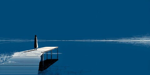 Man standing alone on a pier extending into calm water with distant horizon under clear blue sky du daytime