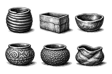 Handcrafted pottery collection in vintage engraving style
