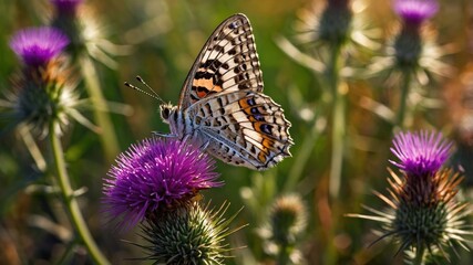 Obraz premium Colorful butterfly perched on a vibrant thistle flower in a sunny meadow with blurred greenery