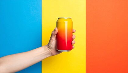 Hand holding gradient beverage can against vibrant tricolor backdrop.